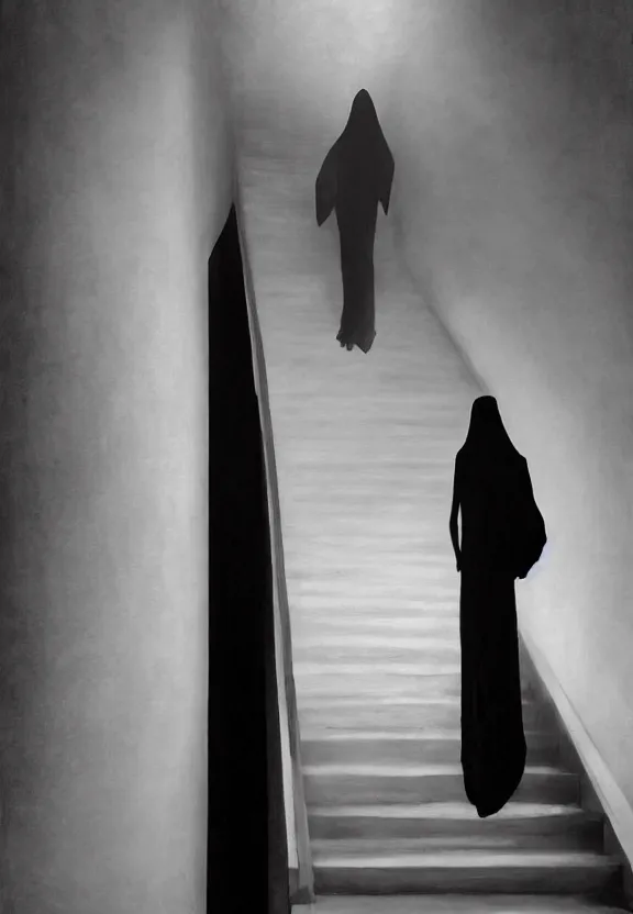 Prompt: a figure shrouded in a long trailing pitch black gown, descending a blank white large staircase in a dark room, photorealism, hyperrealism, harsh lighting, hyperrealism, dramatic lighting, serious, gloomy, foreboding