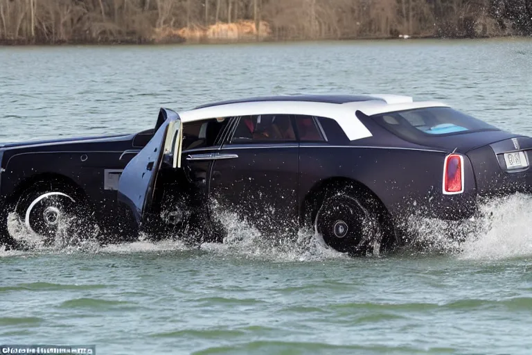 Image similar to Group of teenagers push Rolls-Royce into lake with their hands from a small slide wanting to drown him