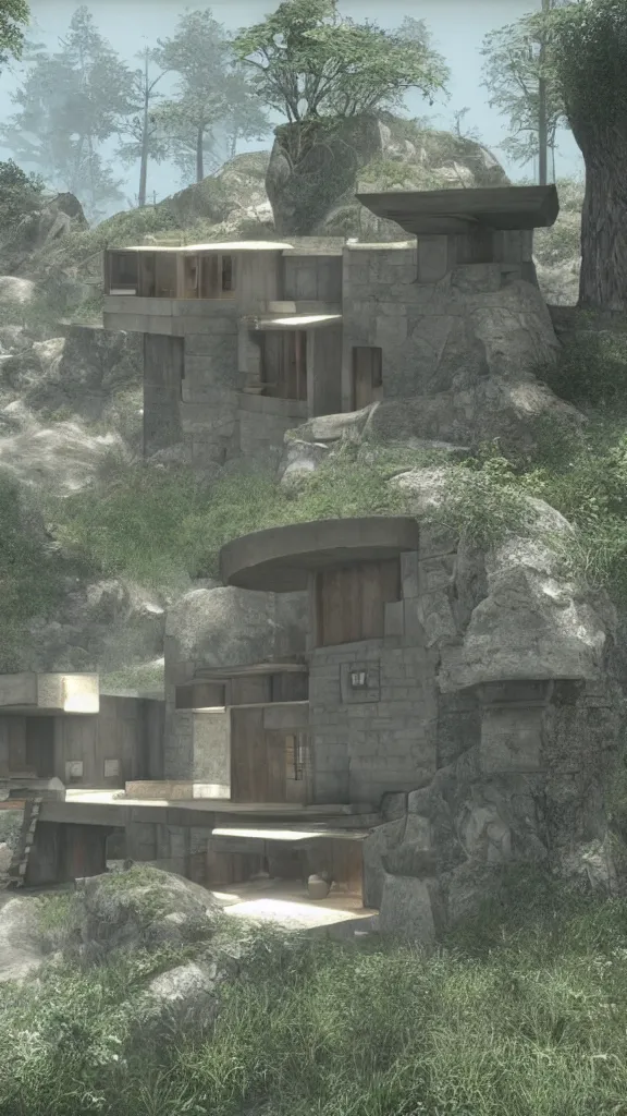 Image similar to a modernist house in the video game myst