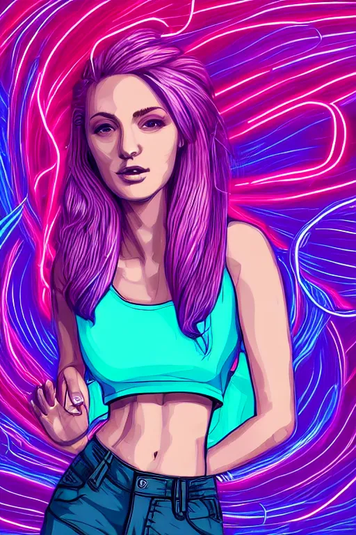 Image similar to a award winning half body portrait of a beautiful woman in a croptop and cargo pants with ombre purple pink teal hairstyle and hands in pockets by ari liloan, surrounded by whirling illuminated lines, outrun, vaporware, shaded flat illustration, digital art, trending on artstation, highly detailed, fine detail, intricate