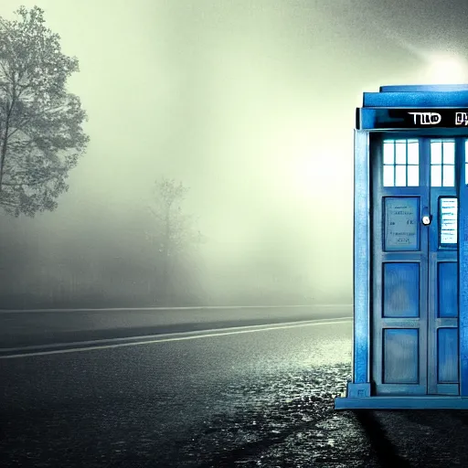 Image similar to a hyperdetailed photograph of the tardis sat on a futuristic street corner, night, dense fog, rain, hd, 8 k resolution