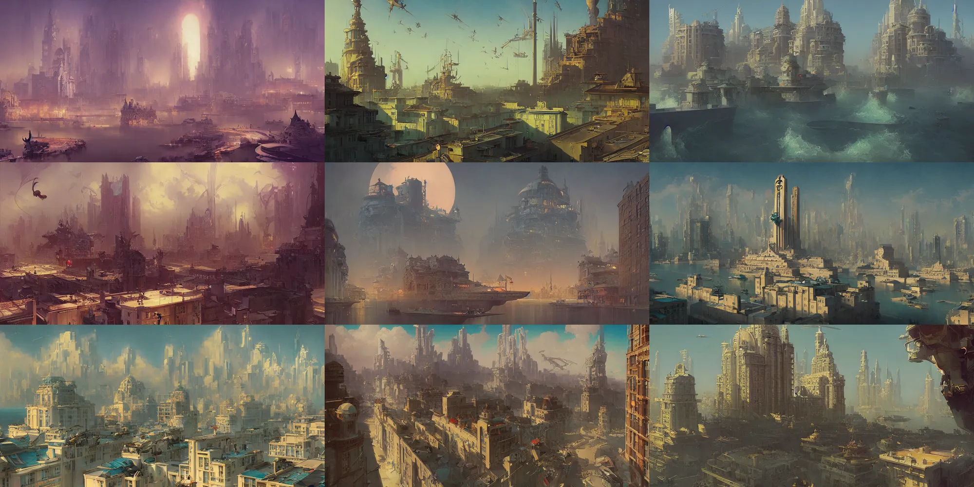 Prompt: port city, art deco architecture, art by joseph leyendecker, peter mohrbacher, ivan aivazovsky, reza afshar, ferdinand knab, ruan jia