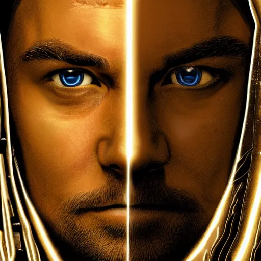 Prompt: concept art leonardo Dicaprio, digitial art, pharaoh, egypt, light, sun , cat, majestic, beautiful, symmetrical face, closeup face, golden ratio concept