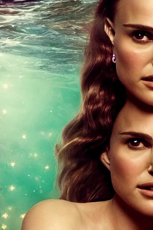 Image similar to Beautiful Poster of Natalie Portman as a mermaid, full body, cinematic lighting, starlit shining eyes