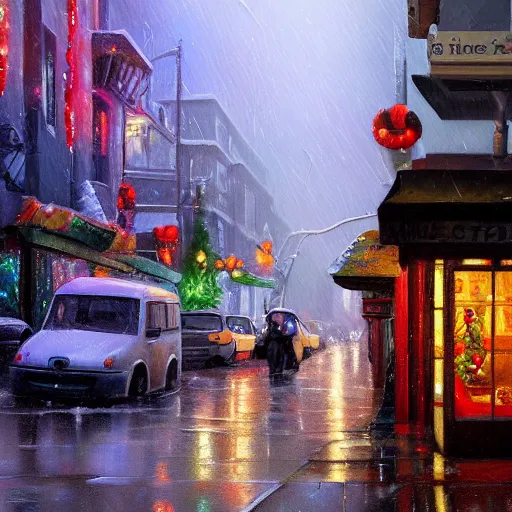 Prompt: a painting of a street corner in Haight neighborhood with a coffee shop covered in christmas lights, by Tyler Edlin, behance contest winner, american scene painting, concept art, streetscape, rainy, cozy