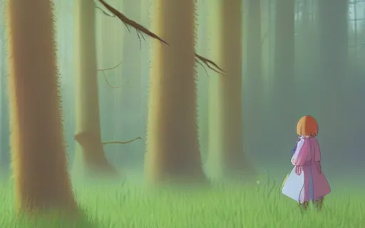 Prompt: a girl with her pet bear made of mist walking through the forest, art by hayao miyazaki, studio ghibli film, 4k, hi res, high detail