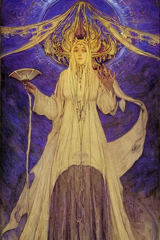 Image similar to queen of the night with her lantern, by Annie Swynnerton and Nicholas Roerich and jean delville, dramatic cinematic lighting , ornate headdress , flowing robes, lost civilizations, extremely detailed