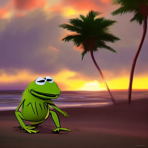 Prompt: Kermit the Frog is walking happily on the beach, the sun is setting behind him, palm trees swaying in the wind gracefully, Kermit is happy, hyperdetailed, artstation, cgsociety, 8k