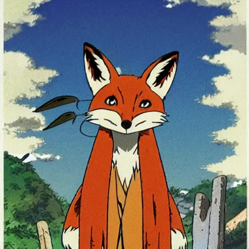 Image similar to a fox with a wry expression wearing full plate armor, by Studio Ghibli and Hayao Miyazaki