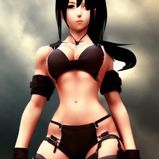 Image similar to high quality art of tifa lockhart with muscled abs, trending on artstation