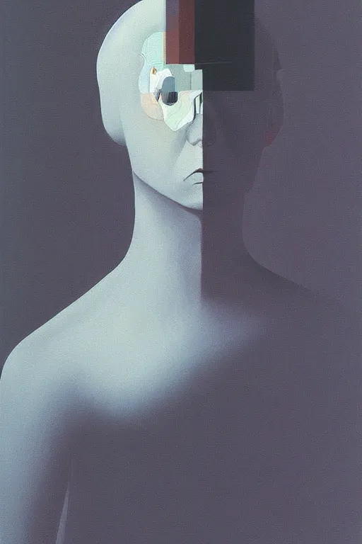 Image similar to woman wearing Oculus and digital glitch head Edward Hopper and James Gilleard, Zdzislaw Beksisnski, higly detailed