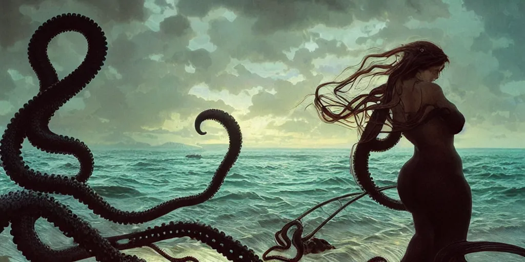 Prompt: a tentacled creature emerging from the ocean near a fishing village in large landscape, night colors, high - key lighting, beautiful composition, intricate, gradient from green to black, pro photography by, highly detailed, digital painting, art by artgerm and greg rutkowski and alphonse mucha, smooth, sharp focus illustration, n 9