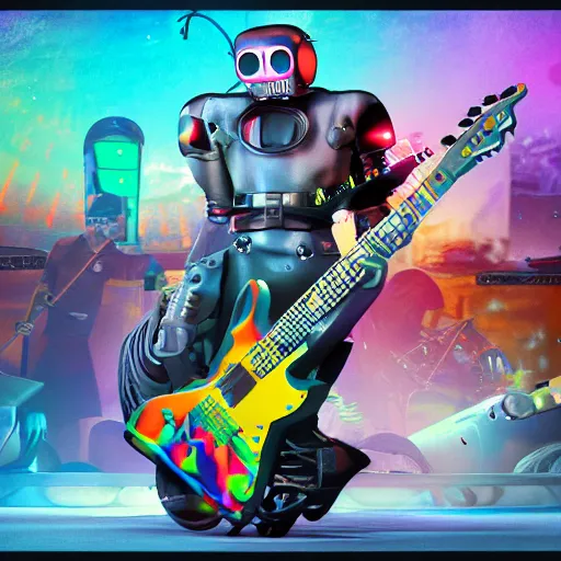 Image similar to album art, rockband with 3 dieselpunk robots playing guitar, robos rock, 8 k, flourescent colors, halluzinogenic, multicolored, exaggerated detailed, front shot, 3 d render, octane