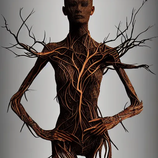 Image similar to digital art, Abstract art, humain female body made of roots, intricate roots, trending on artstation, -640