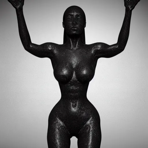 Image similar to 3 d fluid simulation render, octane render, xparticles, black color, female body, abstract sculpture