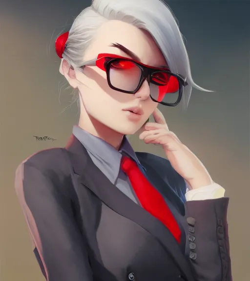 Prompt: a girl in a business, close up, sharp focus, red necktie, grey hair, black sunglasses, digital painting, by tran ross and jordan grimmer and greg rutkowski, anime art, artstation, hd, smooth,