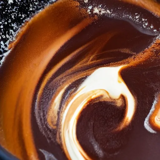 Image similar to close-up of nitro-cold-brew-coffee mixing with cream, perfect turbulence mixing cream-and-coffee, swirled, texture,