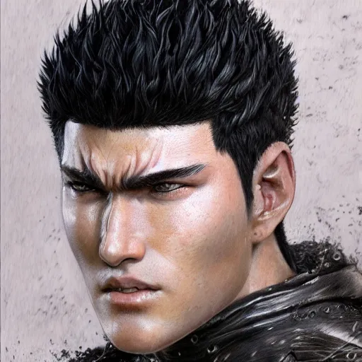 Image similar to photorealistic portrait of guts from berserk extremely detailed, made by wlop and maxwell boas