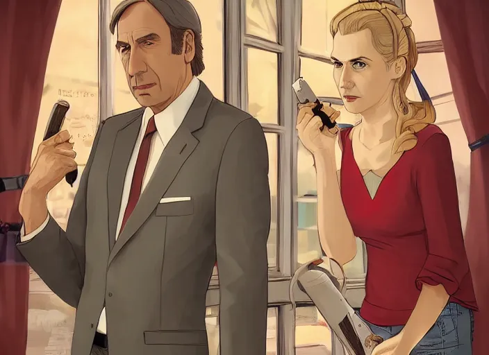 Image similar to kim wexler and saul goodman, ilustration by hayao miyazaki, extremely detailed, artstation, for aaa game, high quality, adobe ilustrator, behance