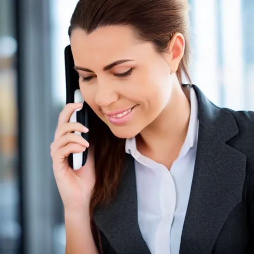 Prompt: girl making a phone call, business clothes, close up image, high detail