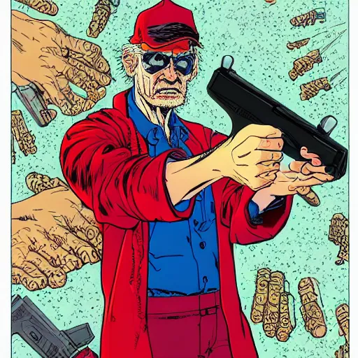 Image similar to A sorcerer wielding two Glock pistols, bust shot, art by Geof Darrow, high detail, 8k, Smooth, High contrast, depth of field, aperture f2.8