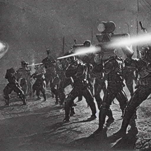 Image similar to grainy 1800s photo of a cybernetic warriors killing civilians with laser weapons