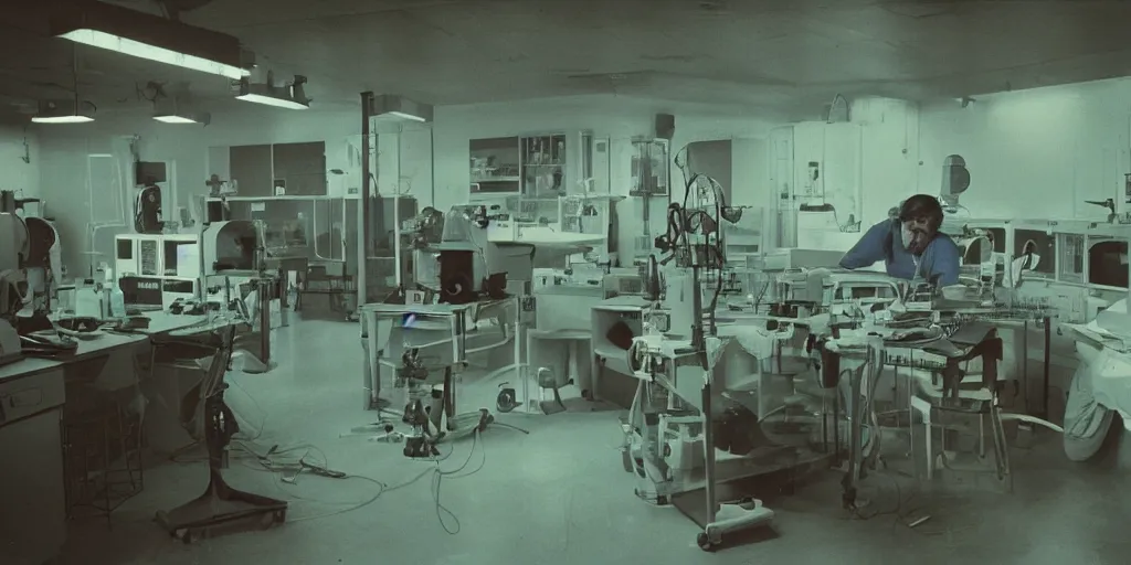 Prompt: movie still 35mm film photograph Large boy named Mega Watson, inside of a 1970s science lab, neon lights, dirty, ektachrome photograph, volumetric lighting, f8 aperture, cinematic Eastman 5384 film