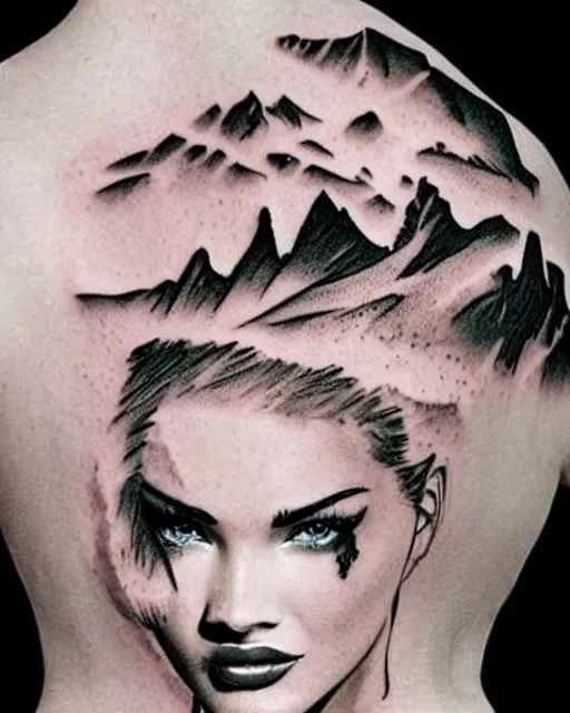 Image similar to creative double exposure effect tattoo design sketch of megan fox and beautiful mountain scenery, realism tattoo, in the style of matteo pasqualin, amazing detail, sharp