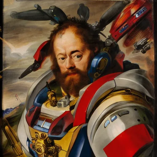 Image similar to peter paul rubens as consequences of wars with mecha gundam invited, random content position, delete duplicate content, photorealistic details content, incrinate, masterpiece, ultra detailed face structures