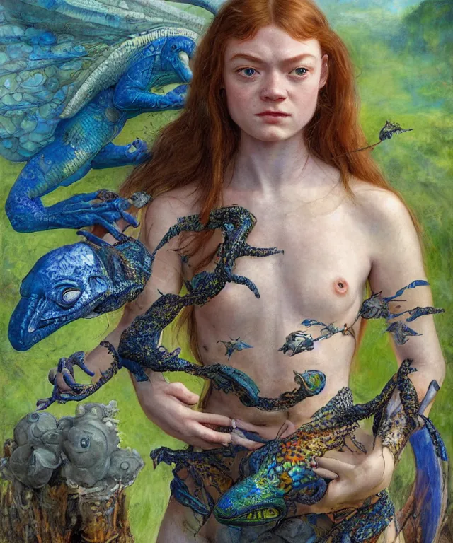 Prompt: a portrait photograph of a meditating fierce sadie sink as a colorful harpy hawk super hero with blue spotted skin with scales. her body is transforming into a alien amphibian. by donato giancola, hans holbein, walton ford, gaston bussiere, peter mohrbacher and brian froud. 8 k, cgsociety, fashion editorial