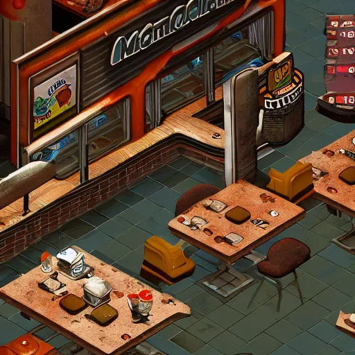 Image similar to Screenshot of McDonald restaurant in Fallout 2 (1998), isometric perspective, postapocalyptic, bird's eye view, high quality