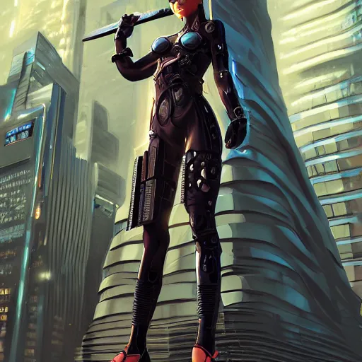 Image similar to cyberpunk girl with a katana in front of a cybernetic building, electric energy, beautiful, full body shot, getting ready to fight, heroic pose, urban motifs, intricate, elegant, highly detailed, digital painting, trending on artstation, concept art, smooth sharp focus, illustration, art by artgerm and greg rutkowski