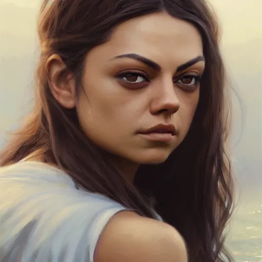 Image similar to a closeup portrait of a mila kunis, dramatic light, lake background, painted by stanley lau, painted by greg rutkowski, painted by stanley artgerm, digital art, trending on artstation