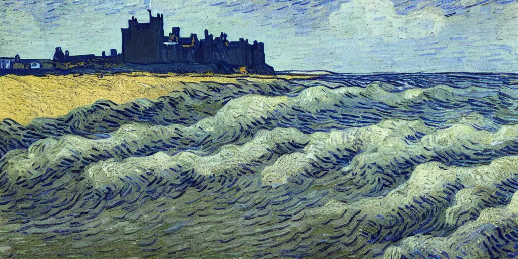 Image similar to bamburgh castle and beach painted by Vincent Van Gogh, wide brush strokes