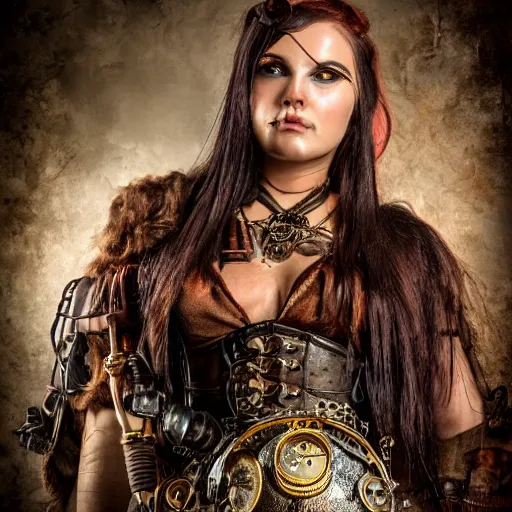 Image similar to long shot photo beautiful steampunk barbarian, highly detailed, 4k, HDR, award-winning photo