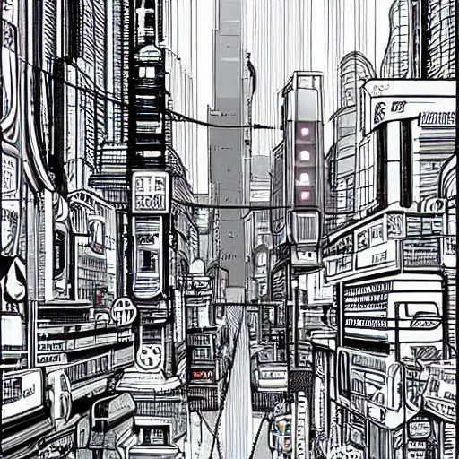 Image similar to neon cyberpunk city street in the style of Jean Giraud, Moebius