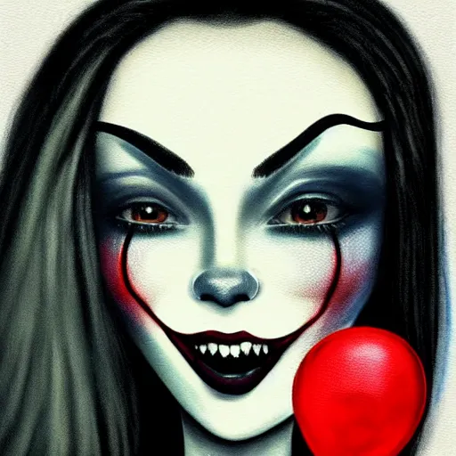 Image similar to grunge cartoon painting of kylie jenner with a wide smile and a red balloon by chris leib, loony toons style, pennywise style, corpse bride style, horror theme, detailed, elegant, intricate