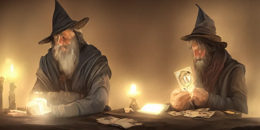 Image similar to handsome wizard shuffling cards, cards, fantasy, digital art, soft lighting, concept art, 8 k, hyperrealistic