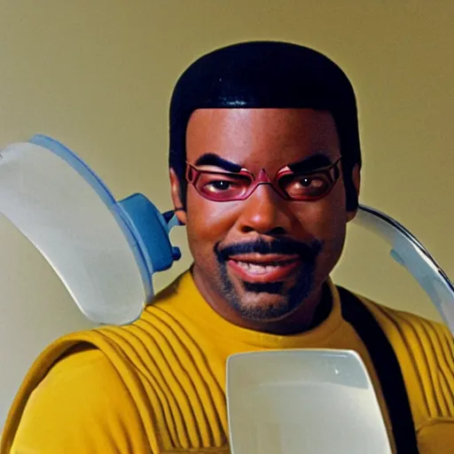 Prompt: Geordi LaForge wearing a colander and kitchen tools on his head