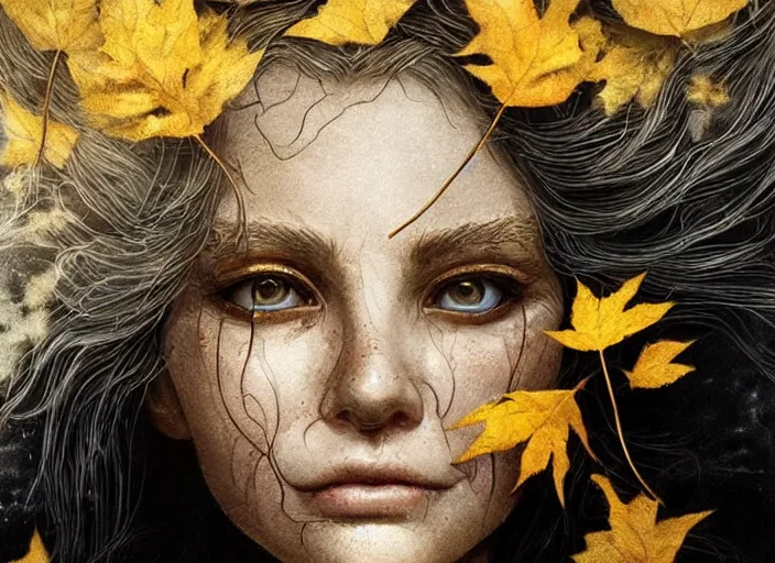 Image similar to golden leaves at frame border, creative!!! composition for a book cover!!!, absurdly beautiful, ultrafine hyperrealistic detailed old witch face by wlop and artgerm and greg rutkowski, intricate linework, sharp focus, smooth, octopath traveler, final fantasy, unreal engine, dramatic lighting, ethereal, 8 k