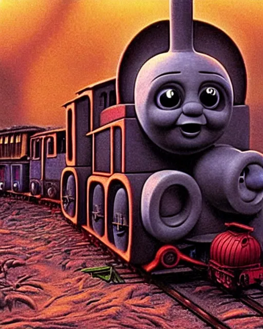 Image similar to still frame from thomas and friends by giger, happy teletubbies train by wayne barlowe, eldrich see thomas train by beksinski, grandiose demonic train with locomotive and endless wagons, 🚂