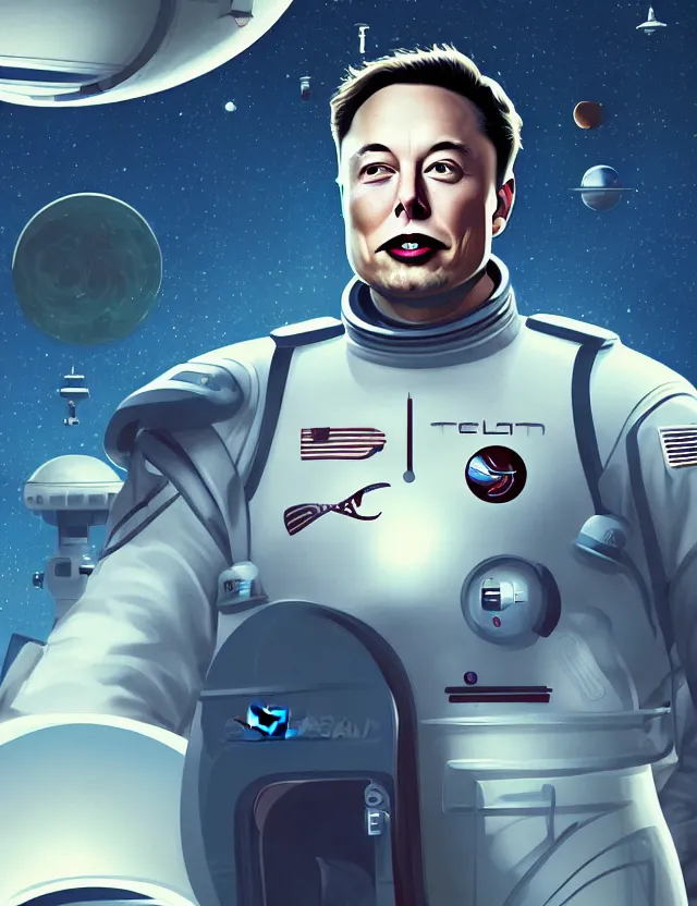 Prompt: a beautiful illustration of elon musk in a retro sci - fi space station, trending on artstation, digital art, 4 k resolution, detailed, high quality, sharp focus, hq artwork, coherent, insane detail, character portrait