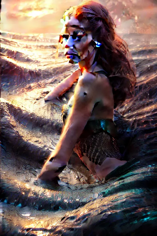 Image similar to cinematic shot of an epic portrait of a mermaid dressed in military clothes, shiny skin, beautiful eyes, beautiful, small details, night setting, realistic poster with volumetric light from craig mallism, artgerm, jeremy lipkin and michael garmash, unreal engine, radiant light, detailed and complex environment, digital art, a masterpiece