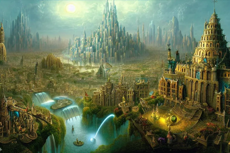 Image similar to a beautiful stunning insanely detailed fantasy matte painting of a magical mythical city buzzing with activity by Heironymous Bosch and Jim Burns