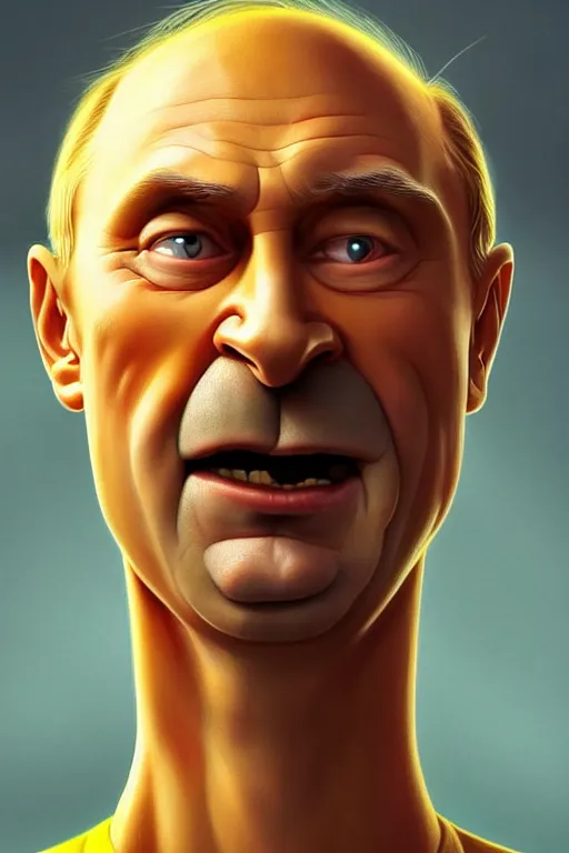Prompt: vladimir putin as a yellow funny character from the simpsons, realistic portrait, symmetrical, highly detailed, digital painting, artstation, concept art, smooth, sharp focus, illustration, cinematic lighting, art by artgerm and greg rutkowski and alphonse mucha