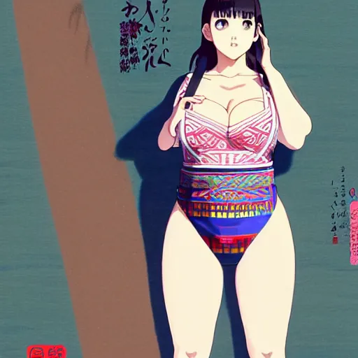 Image similar to a beautiful plus sized model japanese natalie portman, alluring plus sized model, wearing mayan leotard with overalls, street fashion hip hop style with mayan patterns, aztec street fashion, gapmoe yandere grimdark, trending on pixiv fanbox, painted by greg rutkowski makoto shinkai takashi takeuchi studio ghibli, akihiko yoshida