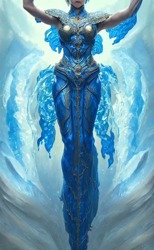 Image similar to a goddess of water wearing blue armor, with arms and hair turning into water, fantasy, intricate, elegant, highly detailed, digital painting, artstation, concept art, wallpaper, smooth, sharp focus, illustration, art by artgerm and greg rutkowski and alphonse mucha