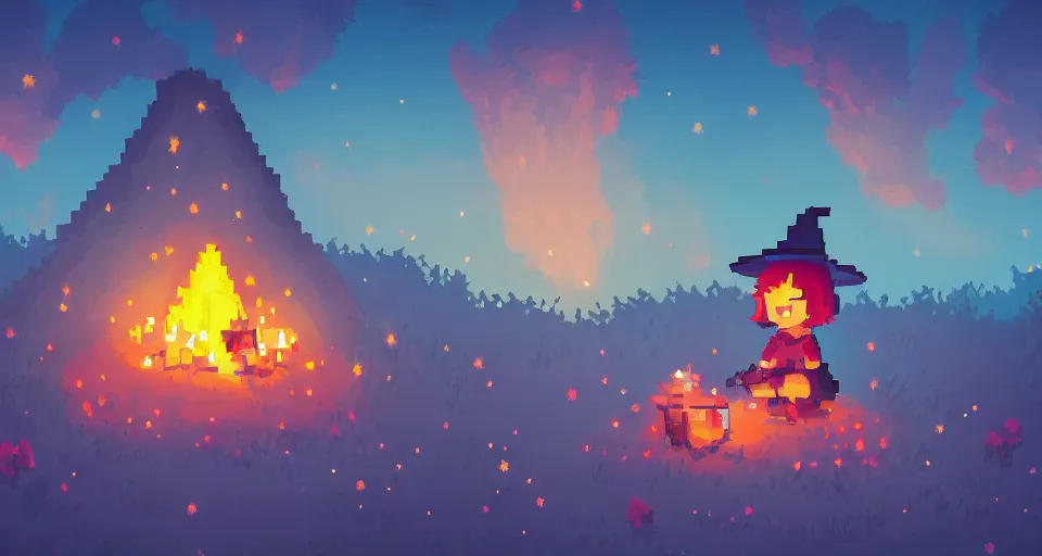 Image similar to Pixelart of a small cute witch sitting at a cozy bonfire in the forest meadow under starry sky, volumetric lighting, glowing lights, 4k, octane, digital pixel art, pixiv, by Aenami