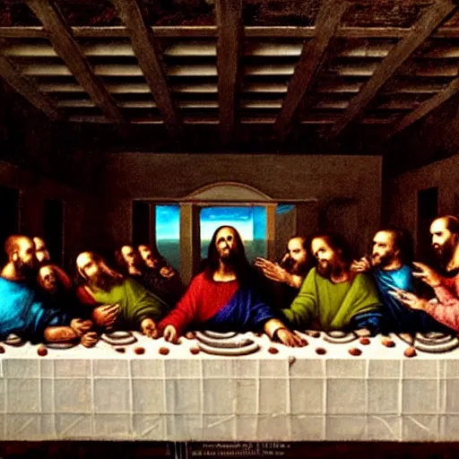 Image similar to nic cage in the last supper as painted by da vinci