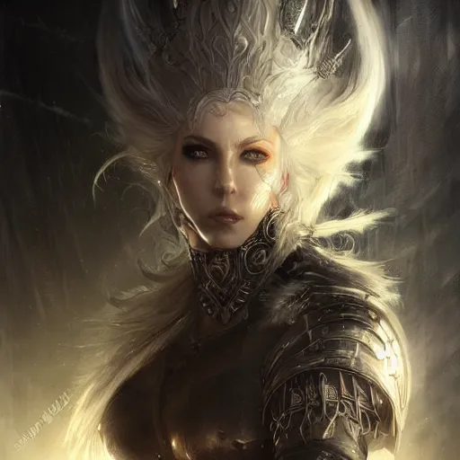 Prompt: kerli koiv as a paladin, darkwave, darksynth, concept headshot art, sharp, digital matte painting, art by luis royo, greg rutkowski, wlop, dramatic lighting, trending on artstation